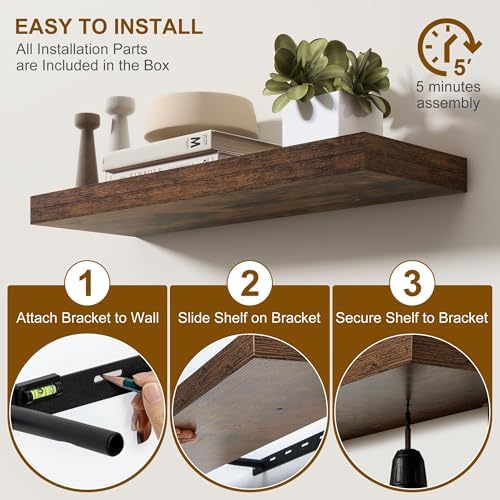Fun Memories 72Inch Floating Shelves,Wall Mounted Rustic Wood Floating Shelf with Invisible Brackets for Storage & Decor,2 Pack Shelves for Bathroom,Bedroom and Kitchen,Brown