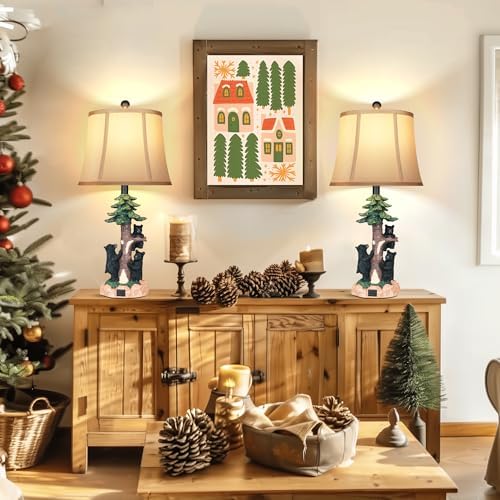 Hamucd Rustic Farmhouse Climbing Bear Table Lamps Set of 2 for Living Room with USB A+C,Bedroom Accent Tree Nightstand Lamps for Western Country Wood Cottage Christmas Decor(2 Bulbs Included)