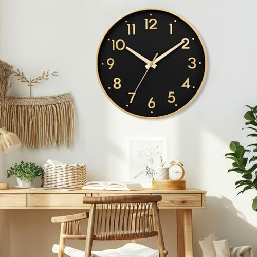 Mosewa Small 8 Inch Wall Clock Battery Operated Silent Non Ticking Analog | Black Gold modern clock; oversized 3D easy-read dial for kitchen, bedroom & office; 1 AA battery (not included)