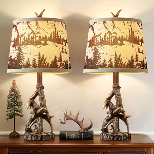 23'' Rustic Deer Antler Table Lamps Set of 2 for Log Cabin Bedroom Nightstand Western Country Side Lamp for Living Room End Table Study Room Desk, Brown, Forest Print Shade