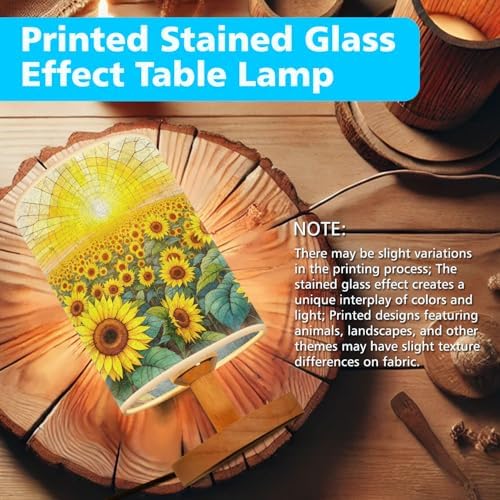 Sunflower Field Table Lamp LED 3-Color Pressed Bedside, Sunflower Field Shade Lamp with Wood Base for Bedroom Living Room Desk Office TL01