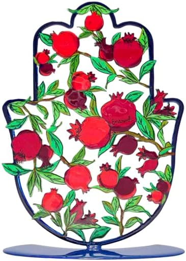 EMANUEL Yair Small Standing Hamsa Hand Amulet 4 inch | Colorful Good Luck Charm | Hamsah Stand Home Blessing | Judaica Art Gift (Red Pomegranates SHG-17)