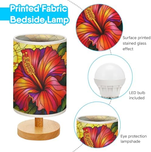 Hibiscus Table Lamp LED 3-Color Pressed Bedside, Hibiscus Shade Lamp with Wood Base for Bedroom Living Room Desk Office TL01