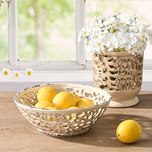 SIDUCAL Ceramic Fruit Bowl for Kitchen Counter,Decorative Fruit Basket with Holes, 10.43" Large Hollow Out Fruit Vegetable Holder Bowl for Table Decor, Beige