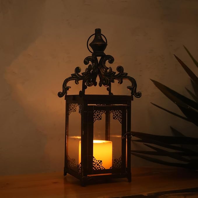 NEEDOMO Set of 2 Lanterns Decorative Indoor Hanging Lantern Outdoor,Vintage Metal Tabletop Decor Lantern for Patio Rustic Home, Candle Holders with Clear Glass, Home Kitchen Coffee Table Livinig Room