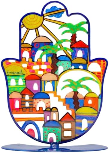 EMANUEL Yair Small Standing Hamsa Hand Amulet 4 inch | Colorful Good Luck Charm | Hamsah Stand Home Blessing | Judaica Art Gift (Jerusalem SHG-16)