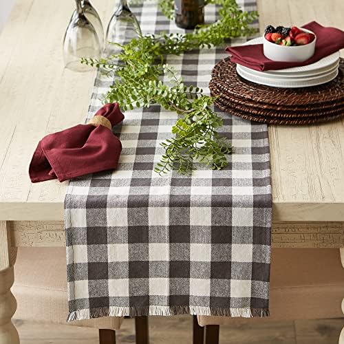DII Fringed Check Tabletop, Table Runner, 14x108, Mineral