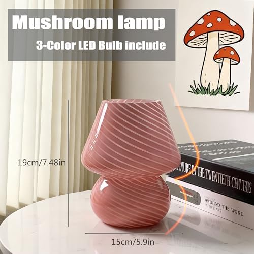 jonong Bedside Lamp Glass Striped Mushroom Table Lamp with 3 Color Modes LED Small Decorative Table Lamp for Gift Present,Suit for Bedroom, Living Room, Home Decor, Baby, Kids, Women (Pink)