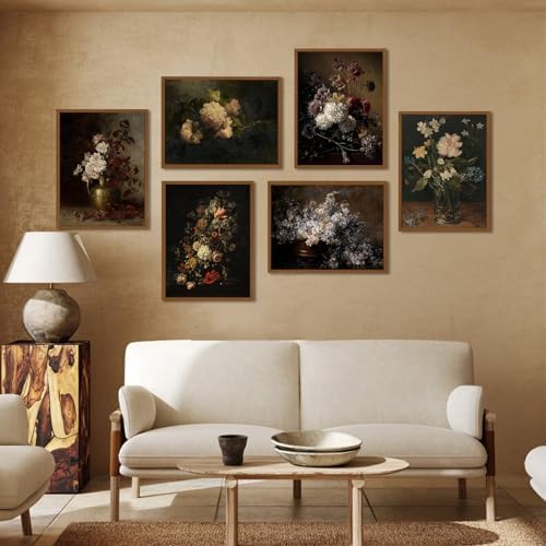 Joocrise Moody Floral Wall Art Painting Set of 6 Dark Academia Wall Decor Vintage Botanical Canvas Wall Art Victorian Flower Art Pictures Vintage Floral Prints for Room Bedroom 12x16 Inch Unframed