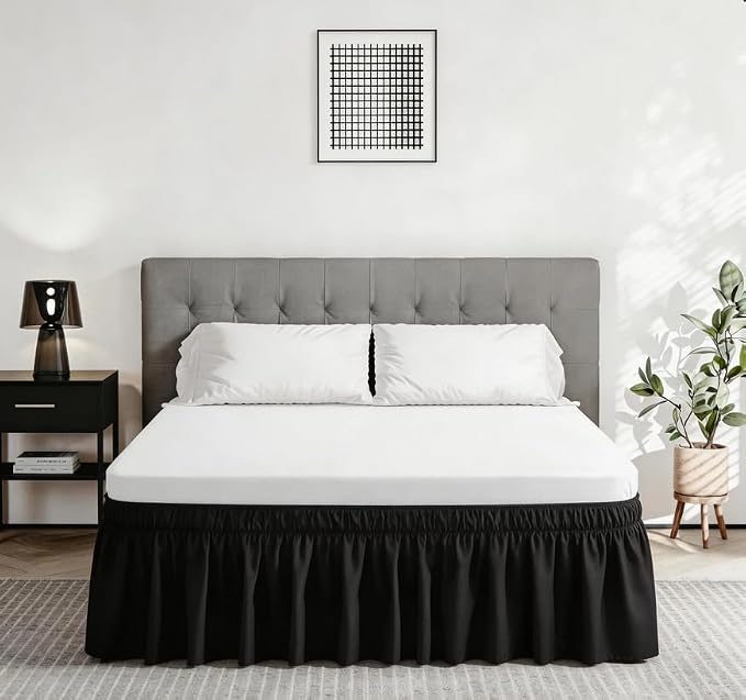 Vocander Black Queen Bed Skirt 16 Inch Drop, Elastic Wrap Dust Ruffle | Hides Underbed Storage, No Mattress Lifting, Elastic Stays Put, Soft Fabric, Machine Washable, Polished Look