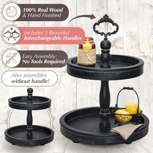 2 Tiered Tray Stand [Includes 3 Changeable Handles] - Rustic Cupcake Stand, Coffee Table Tiered Serving Tray for Kitchen Counter, Stunning Rustic Home Decor, Display Fruits, Plants, Candles (Black)