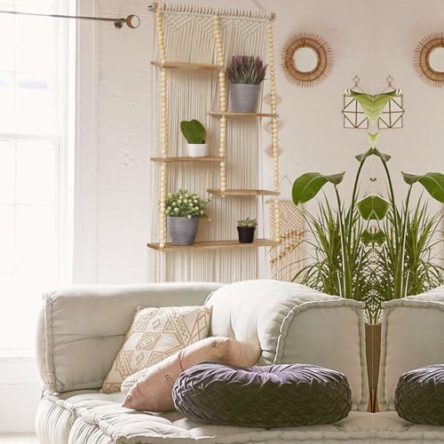 Macrame Wall Shelf Boho Hanging Organizer Floating Plant Shelf 11.8"W*47"L