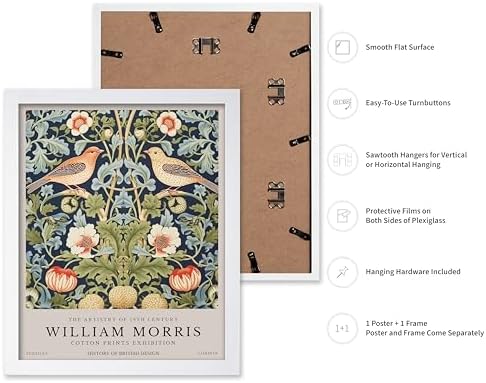 Poster Master William Morris Poster - Strawberry Thief Print - Bird Art - Botanical Art - Flower Artwork - Exhibition Creation - Animal Piece - Floral Illustration - Office or Bedroom Wall Decor - 11x14 White Framed