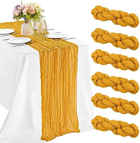 6 Pieces Mustard 10FT Cheesecloth Table Runner Boho Gauze Fabric Table Runner Rustic Sheer Runner for Wedding Birthday Baby Shower Party Boho Table Decoration（Mustard）