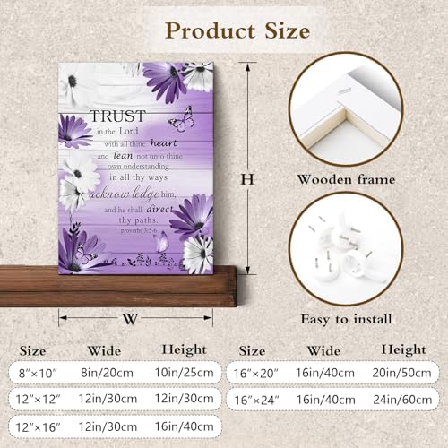 LB Rustic Purple Floral Wall Art for Bathroom Bible Verse on Vintage Grey Wood Canvas Wall Art Wall Paintings Home Decor Daisy Wall Pictures for Living Room Bedroom Office Ready To Hang,12x16 Inch