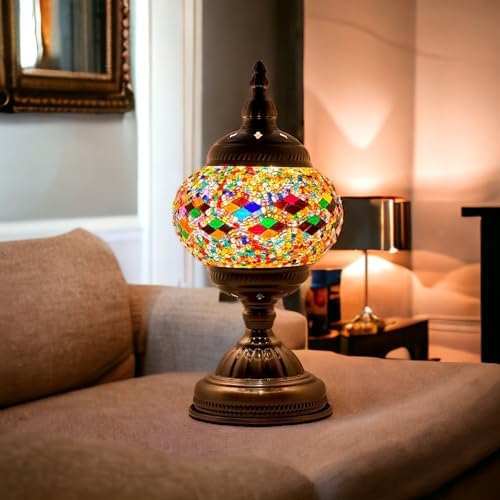 SILVERFEVER Handcrafted Mosaic Turkish Lamp Moroccan Glass Table Desk Bedside Light Bronze Base with E12 Bulb Multicolored Glass Mosaic(Dark Purple Wave)