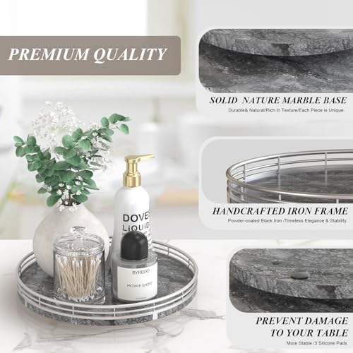 AHM10-Inch Gray Marble Lazy Susan with Silver Iron Frame