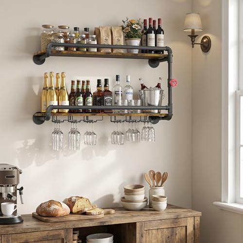 Merapi 2 Tier Floating Shelf Wine Rack with Stemware Holder