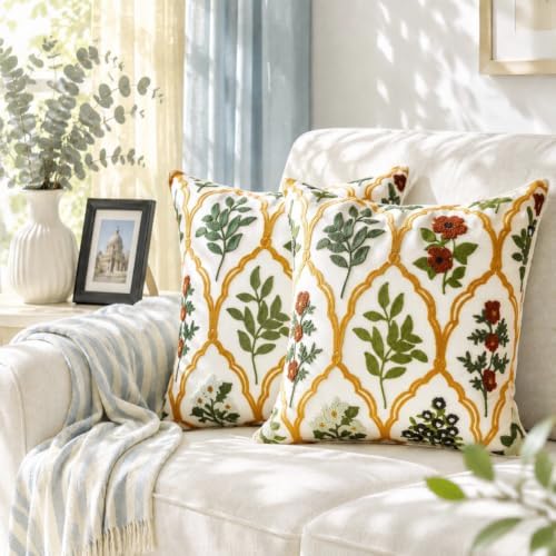 Alysheer Floral Decorative Embroidered Throw Pillow Cover 18"x18", 2pcs Red