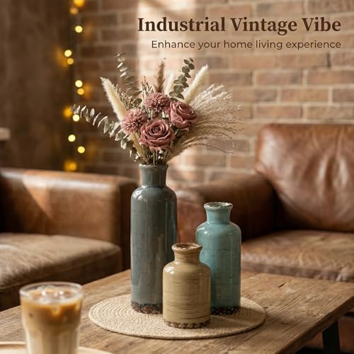Vintage Ceramic Flower Vase Set of 3, Rustic Farmhouse Vase for Home Decor, Distressed Decorative Vase for Table Entryway Mantel Centerpiece Living Room Bathroom Bedroom (Gray Blue Stripe)
