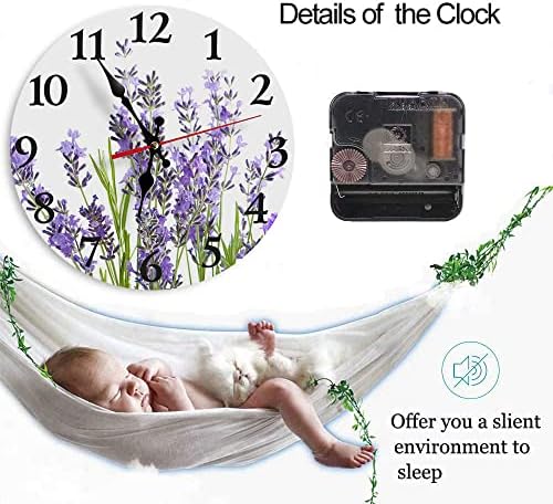 LOKMU Silent Non Ticking Clock 10 Inch,Round Wall Clock,Decorative for Living Room, Kitchen, Home,Bathroom, Bedroom, Office or School Summer Lavender Flowers on White