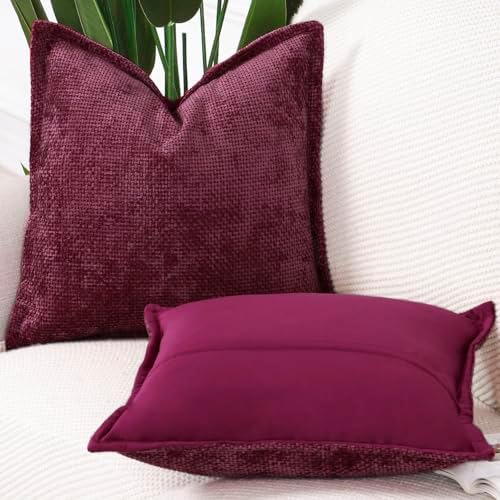 MADIZZ Decorative Chenille Velvet Throw Pillow Covers Set of 2 Soft Boho Textured Neutral Couch Throw Pillow for Bed Modern Farmhouse Home Decor for Sofa Livingroom Burgundy 16x16 Inch