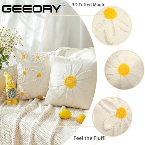 GEEORY 2-Pack 20x20 Inch Daisy Embroidered Cotton Pillow Cover | Farmhouse Spring Summer Home Decor | Durable Canvas Cushion Case for Living Room, Sofa & Bed