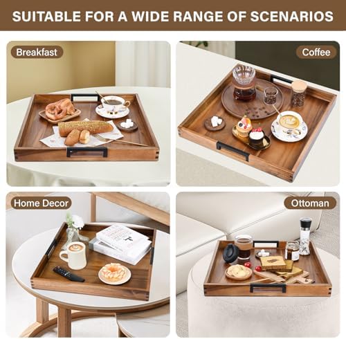 Large Square Ottoman Tray for Living Room and Coffee Table, Decorative Acacia Wood Serving Tray with Metal Handles for Breakfast in Bed, Dinner Food Kitchen TV (Natural, 22" x 22" x 2")