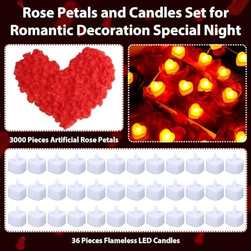 Flasoo Rose Petals and Candles Set for Romantic Decoration, 3000 Pcs Red Rose Petals and 36 Pcs Heart Candle Lights for Special Night, Wedding, Anniversary, Valentine Day for Hotel and Bedroom Decor