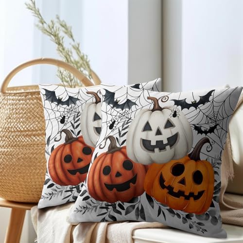Halloween Pumpkin Throw Pillow Covers 22x22 Inch Pumpkins Jack-O-Lanterns with Black Bat Web Decorative Holiday Pillow Case Cotton Linen Fall Farmhouse Cushion Cover for Home Sofa Couch