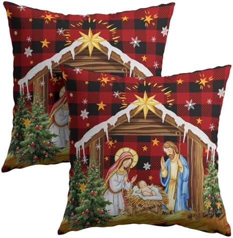 Jesus Nativity Throw Pillow Cover 22x22 Inch Set of 2 Xmas Red Buffalo Plaid Pillow Case Christma O Holy Night Winter Holiday Cushion Case for Home Living Room Couch Sofa Decor