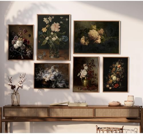 Joocrise Moody Floral Wall Art Painting Set of 6 Dark Academia Wall Decor Vintage Botanical Canvas Wall Art Victorian Flower Art Pictures Vintage Floral Prints for Room Bedroom 12x16 Inch Unframed