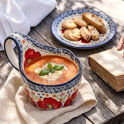 ALMA Soup Bowl With Handle,16oz Handpainted Floral Soup Mug Microwave Safe