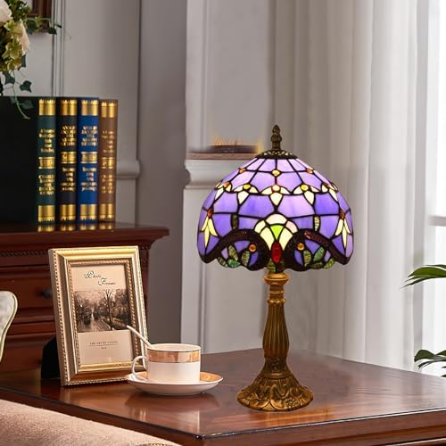 Tiffany Style Table Lamp, Blue Baroque Style Stained Glass Lamp, 8 Inch Small Antique Lamp, for Bedside Nightstand Bedroom Living Room Home Office, Include LED Bulb