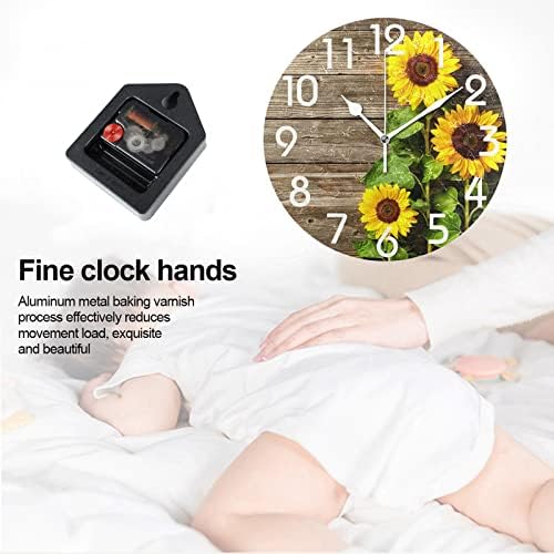 Naanle Stylish 3D Beautiful Sunflowers Vintage Wood Autumn Round Wall Clock, 9.5 Inch Battery Operated Quartz Analog Quiet Desk Clock for Home,Office,School