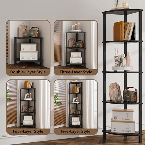 VIMBER Corner Shelf, 5-Tier Corner Bookshelf, Industrial Corner Ladder Shelf, Modern Display Shelf for Living Room, Bedroom, Kitchen, Home Office, Black UJSJ001B