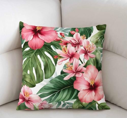 Swono Watercolor Tropical Floral Pattern Cotton Burlap Linen Throw Pillow Case Cushion Cover Sofa Outdoor Decorative Square 18X18 Inches