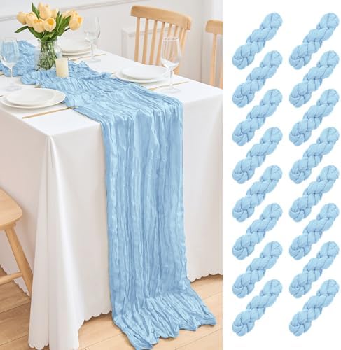 16 Pack Baby Blue Cheesecloth Table Runner 21.5 x 120 Inches Boho Gauze Table Runners 10FT Long Cheese Cloth Table Runner for Bridal Shower Baby Shower Birthday Party Wedding Decor
