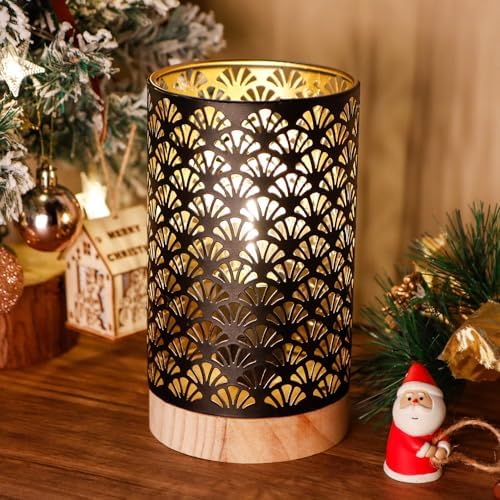 JHY DESIGN Metal Lamp Battery Powered 7.5''H Accent Cordless Lamp with 6-Hours Timer Battery Lamp for Weddings Party Patio Garden Indoors Outdoors Table Balcony（with Wooden Base）