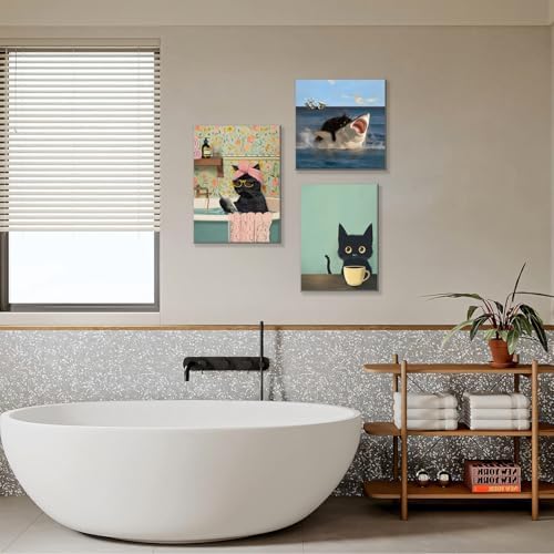 Yaneiro Funny Black Cat Bathroom Canvas Bathroom Wall Art Framed Cute Cat Prints Pictures Posters Wall Decor for Living Room Bedroom Toilet Kids Room Wall Paintings 16x24 in
