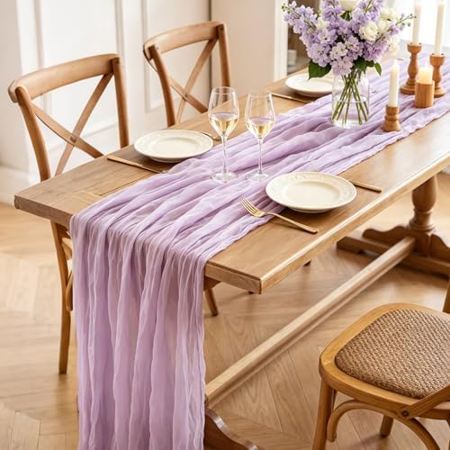 3Pcs Lilac Table Runner, 10FT Rustic Gauze Lavender Table Runner 35*120inch Boho Table Runners for Wedding Bridal Shower Baby Shower Table Centerpiece Decorations