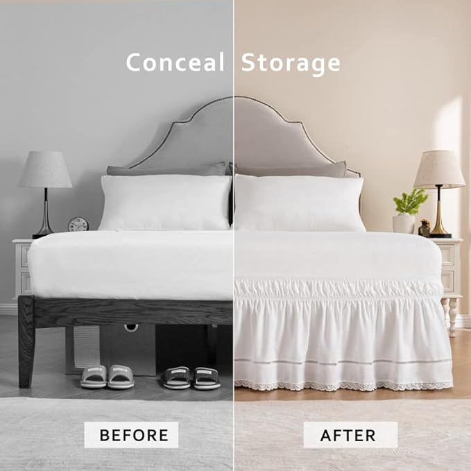 MIYE Wrap Around Ruffled Lace Bed Skirt, Elastic Dust Ruffle with Adjustable Belts, Easy to Put On, Bed Frame Cover, Machine Washable (Floral Lace/White, King/Queen-12.5" Drop)