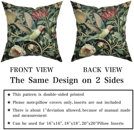 Giwawa Vintage Hummingbird Pillow Covers Set of 2, Rustic Green Bird Floral Pillow Cases 20x20in, Boho Flower Botanical Cotton Throw Cushion Covers for Sofa Couch Patio Seasonal Decoration