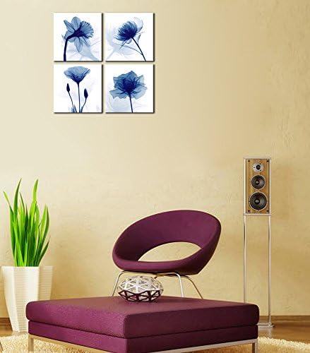 Pyradecor Blue Flickering Flower Abstract Paintings Canvas Wall Art Grace Floral Pictures on Canvas Prints 4 Panels Artwork for Living Room Bedroom Office Home Decorations