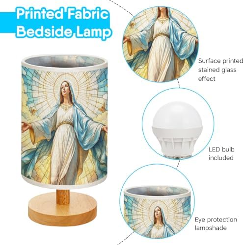 The Merciful Virgin Mary Table Lamp LED 3-Color Pressed Bedside, The Merciful Virgin Mary Shade Lamp with Wood Base for Bedroom Living Room Desk Office TL01