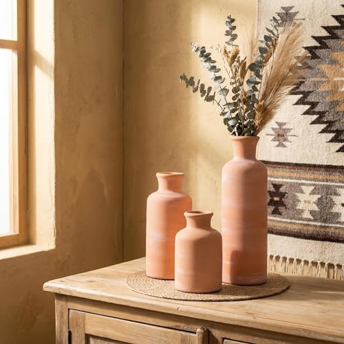 Vintage Ceramic Flower Vase Set of 3, Rustic Farmhouse Vase for Home Decor, Distressed Decorative Vase for Table Entryway Mantel Centerpiece Living Room Bathroom Bedroom (Terracotta)