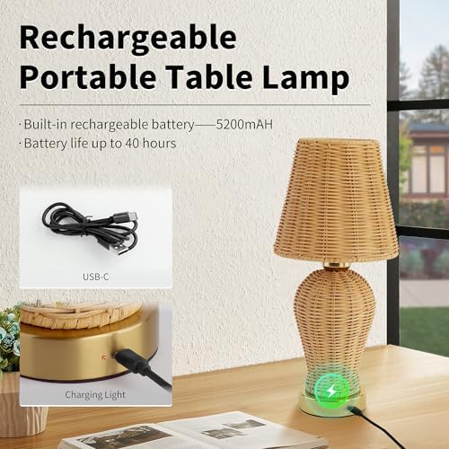 Boho Rattan Rechargeable Cordless Table Lamp, Touch Dimmable Battery Operated Table Light, for Patio Restaurant Kitchen Dining Room (Rattan Lampshade)