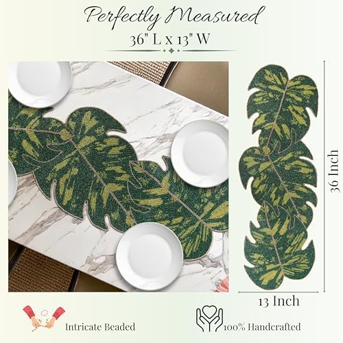 Monstera Leaf Beaded Table Runner 13 x 36 Inch, Handmade Glass Bead Runner for Dining Table, Coffee Table & Console Table, Tropical Farmhouse Centerpiece Decor for Holidays, Weddings & Everyday Use