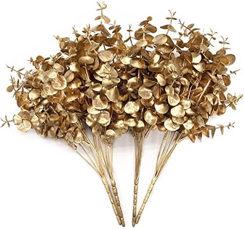 CATTREE Artificial Golden Eucalyptus Decorations, Fake Gold Plants Shrubs Faux Simulation Foliage for Wedding Party Indoor Hotel Hall Table Centerpieces Christmas DIY Decor Planting Filler - 4 Pack