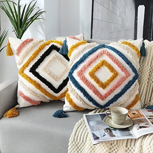 JASEN Boho Throw Pillow Covers, Woven Tufted Decorative Pillow Covers with Tassel Diamond Pattern Pillow Covers for Couch Sofa Bedroom Living Room No Pillow Insert, (Yellow, 18 x 18-Inch)